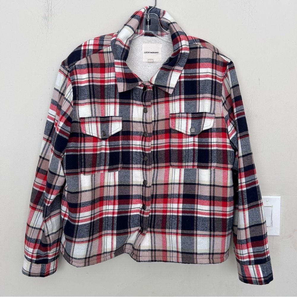 Lucky Brand Sherpa Red Navy Plaid Shacket Shirt
Jacket size Large